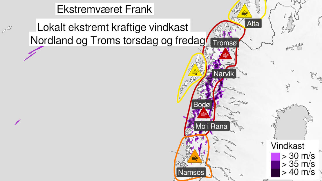 Ekstremværet Frank, fra torsdag ettermiddag er det ventet lokalt ekstremt kraftige vindkast. Bilde: Meteorologene/yr.no