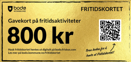 Bilde av en billett med 800 kr og en QR-kode for å komme til Bodø kommunes side på friskus.com