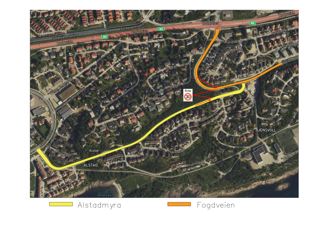 Illustrasjonen viser området som nå blir forkjørsregulert i Alstadmyra og Fogdveien. De røde pilene illustrerer hvordan 30-sonen flyttes nærmere krysset. Foto: Bodø kommune.