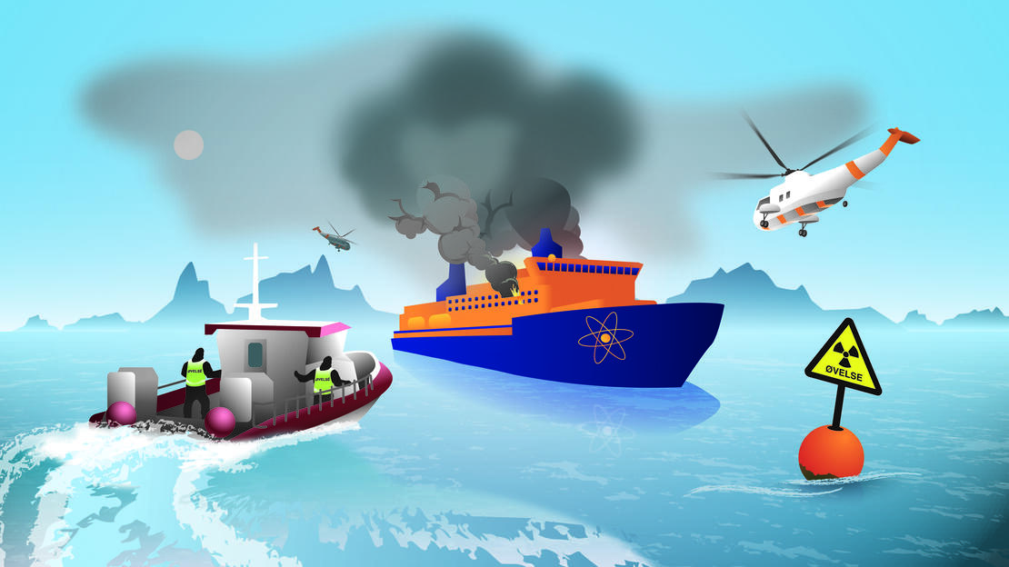 Tegnet bilde. Illustrasjon i forbindelse med øvelsen Arctic REIHN som illustrerer det øvelsen skal handle om: Scenarioet det øves er konsekvensene av en eksplosjon på et atomdrevet passasjerskip. Store rednings- og beredskapsressurser delta i øvelsen.
