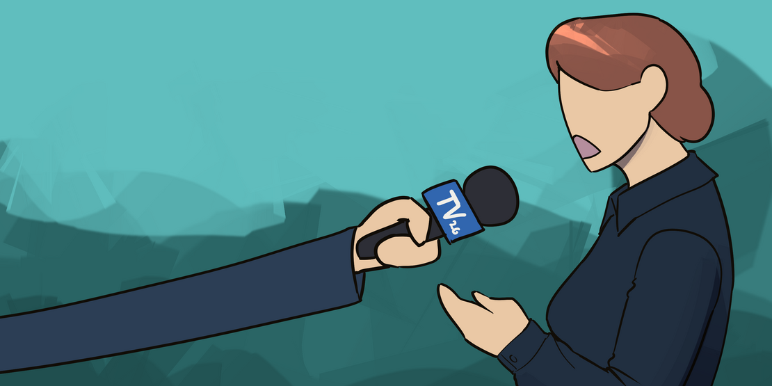 Illustrasjon/tegning som viser en person som blir intervjuet av media.  