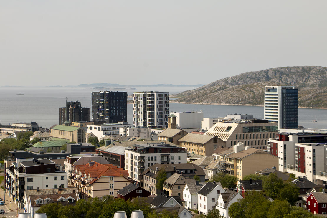 Oversiktsbilde, tatt fra høyden, som viser deler av Bodø sentrum og havet utenfor.
