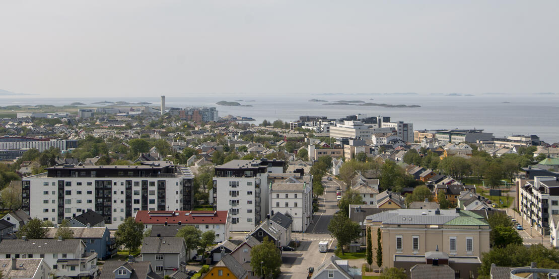 Oversiktsbilde, tatt fra høyden, som viser deler av Bodø sentrum og havet utenfor.