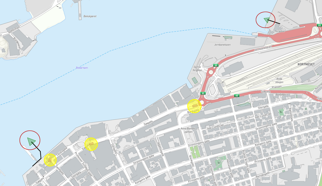 Kart som viser deler av Bodø havn og Bodø sentrum, med markeringer for utslipp og arbeid. 