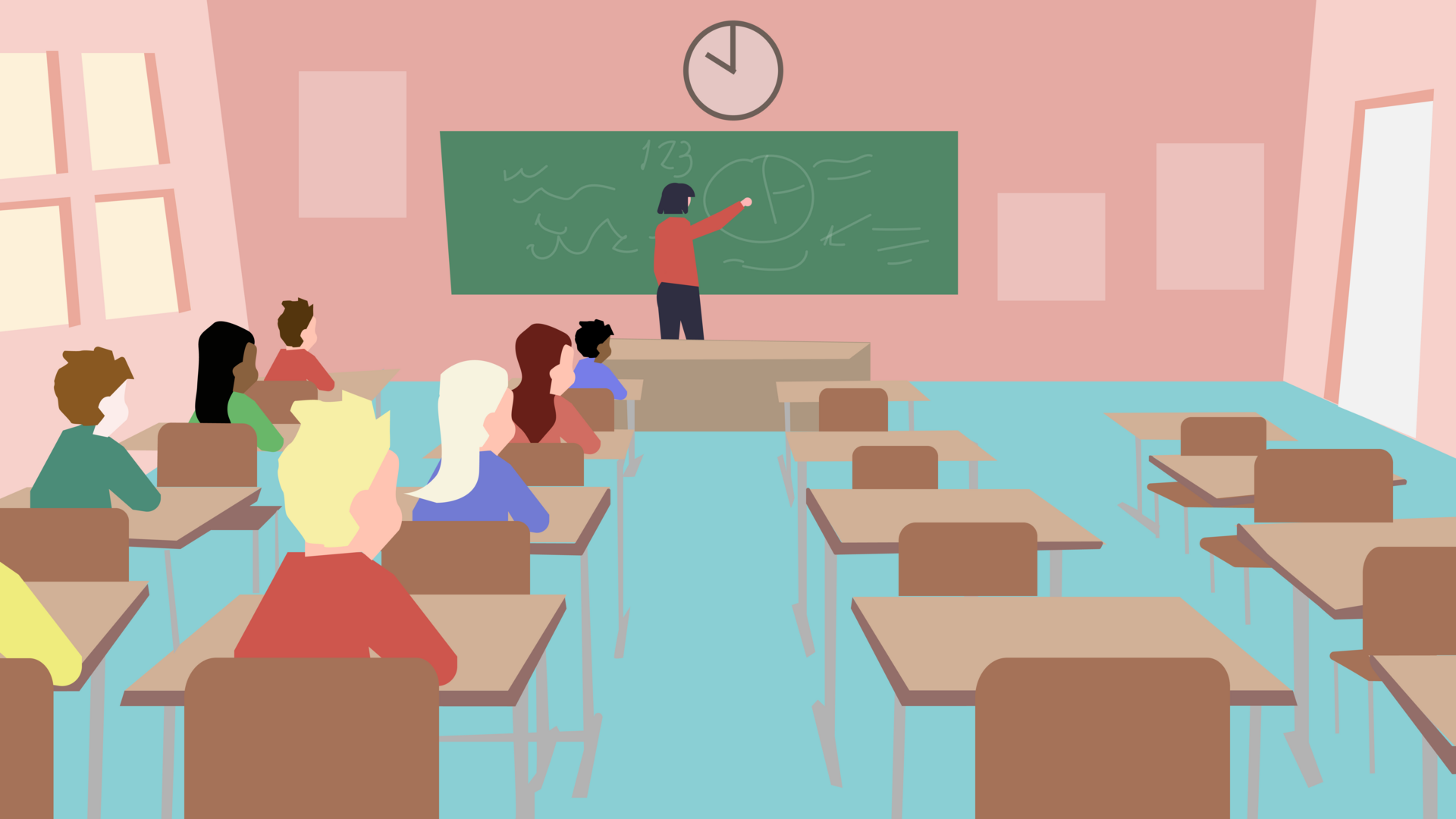 Tegnet illustrasjonsbilde som viser et klasserom. Lærer, elever og tavle. Halvparten av pultene og stolene i klasserommet står tomme. 