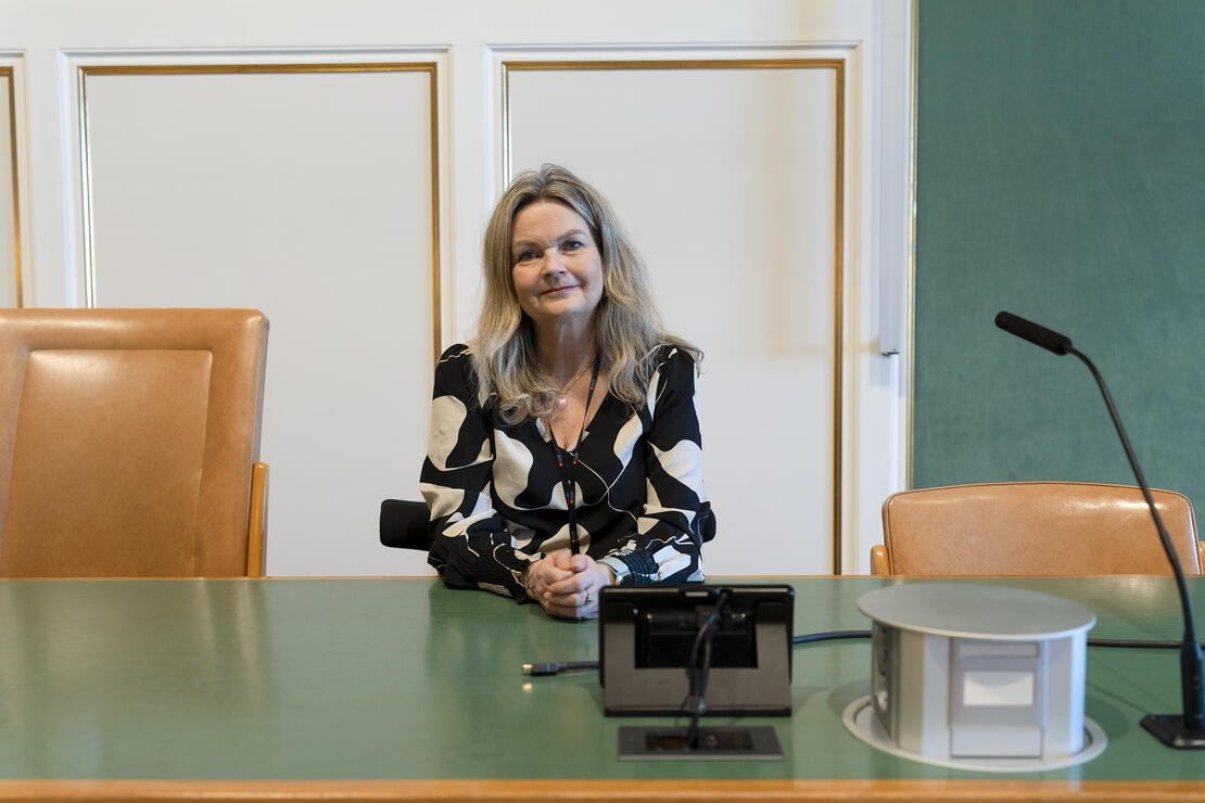 Bildet viser Elisabeth Ellingsen som sitter i bystyresalen på rådhuset i Bodø. 