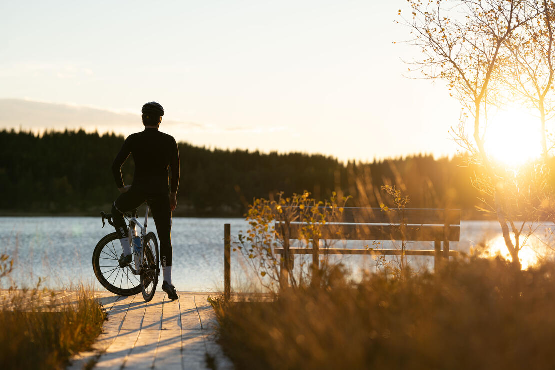 En person står på en brygge med ryggen til på en sykkel. Personen ser ut mot vannet mens solen lyser opp bildet og gjør personen til en silhuett. I forgrunnen er det gult gress som leder ned mot bryggen.