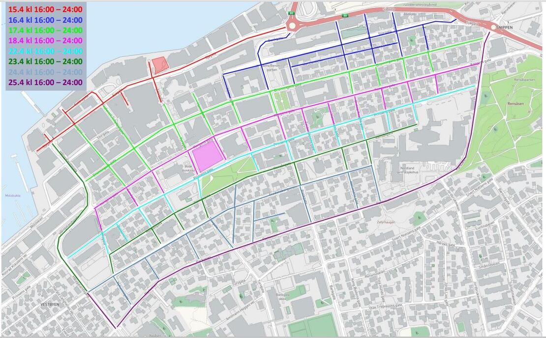 Kart/illustrasjon av gatenettet i Bodø sentrum med linjer i ulike farger som viser til ulike datorer og klokkeslett. 