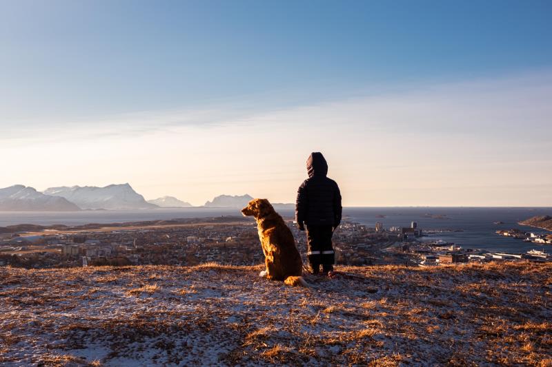 Naturfoto av gutt med hund på Ramnfloget - Klikk for stort bilde