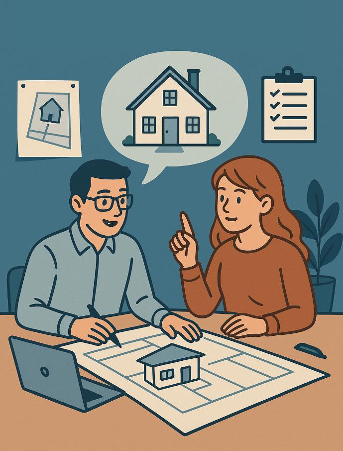 Illustrasjon av en veiledningstime hos byggesak