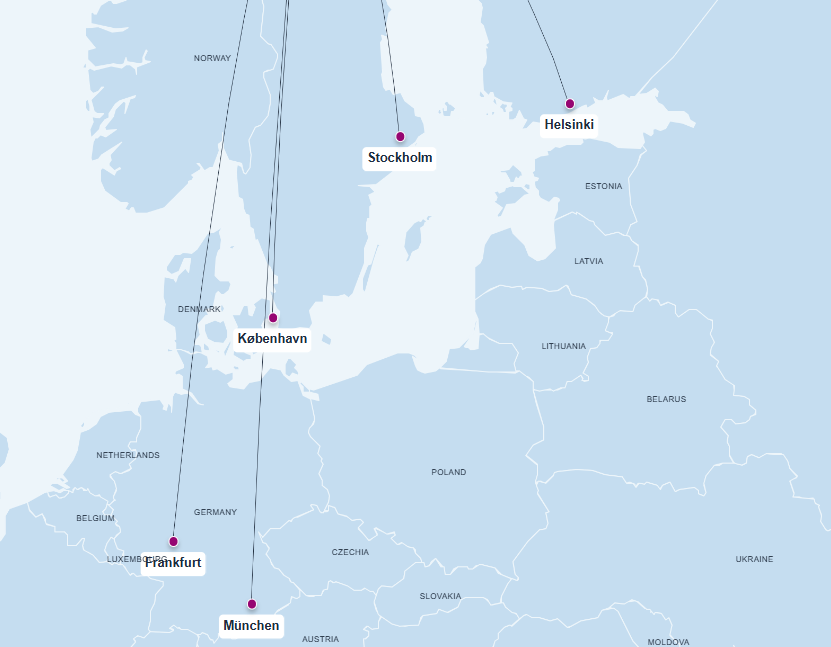 Kart hvor internasjonale flyruter fra Bodø er plottet inn.