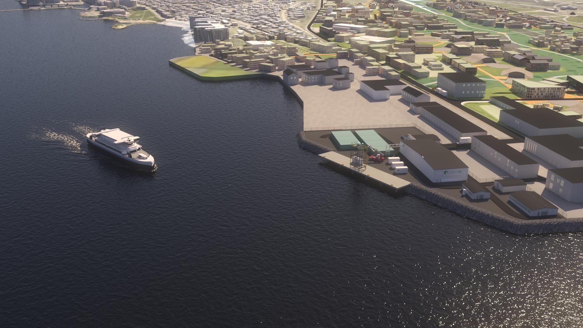 Tegning av ei ferge som kjører inn til havn og den nye hydrogenfabrikken på Langstranda i Bodø.