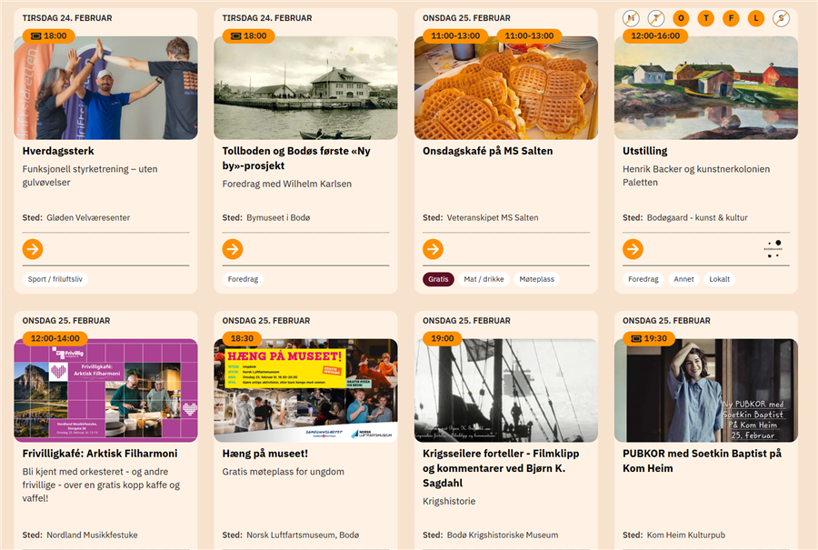 Utklipp av nettsiden til Bodø Live-kalenderen. Viser dato, tekst og bilder fra ulike arrangementer.